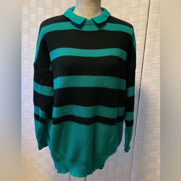 Vintage Sweaters - Vintage 80’s Green and Black striped Sweater XL